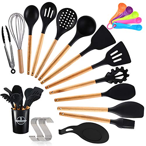 Utensilios de cocina,14 Piezas Juego de Utensilios de Cocina,Antiadherente con Mango de Madera,Resistentes Al Calor Utensilios De Cocina,espátula,cuchara,cucharón,5 cucharas de medir y ganchos