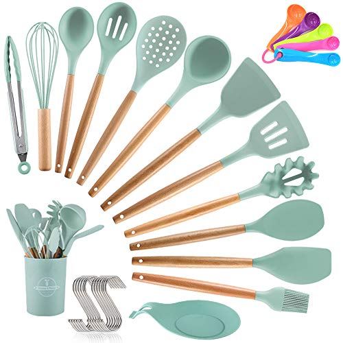 Utensilios de cocina,14 Piezas Juego de Utensilios de Cocina,Antiadherente con Mango de Madera,Resistentes Al Calor Utensilios De Cocina,espátula,cuchara,cucharón,5 cucharas de medir y ganchos