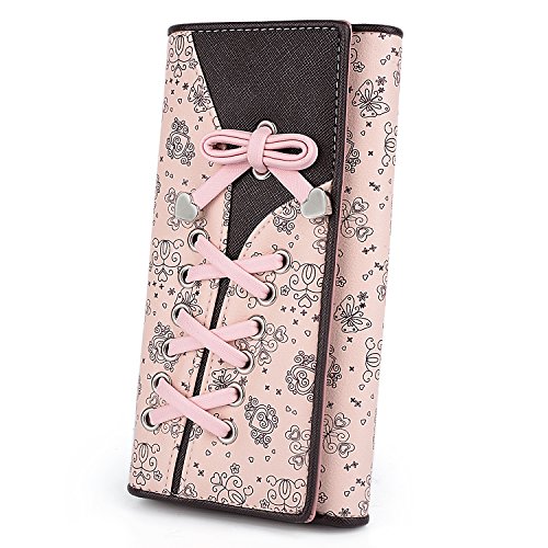 UTO Cartera RFID de Mujer Monedero Largo Moda Diseño Lazo Patrón Lindo Plegable con Bolsillo para Monedas Rosa