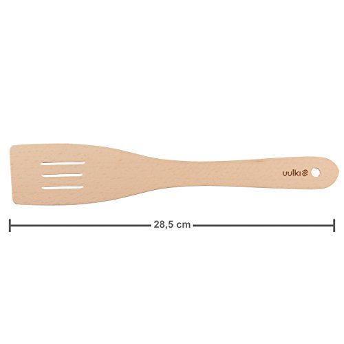 Uulki® 6 piezas Utensilios de Cocina Madera de Haya: 3 Cucaharas de Cucina y 3 Espumadera Espátula Paletas Spatole con Ranuras