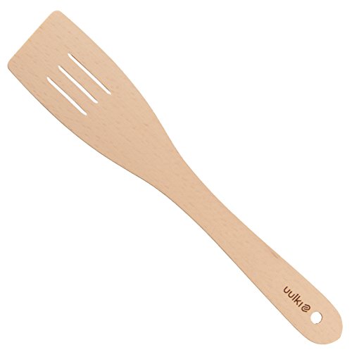 Uulki® 6 piezas Utensilios de Cocina Madera de Haya: 3 Cucaharas de Cucina y 3 Espumadera Espátula Paletas Spatole con Ranuras