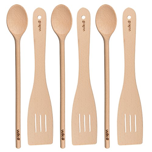 Uulki® 6 piezas Utensilios de Cocina Madera de Haya: 3 Cucaharas de Cucina y 3 Espumadera Espátula Paletas Spatole con Ranuras