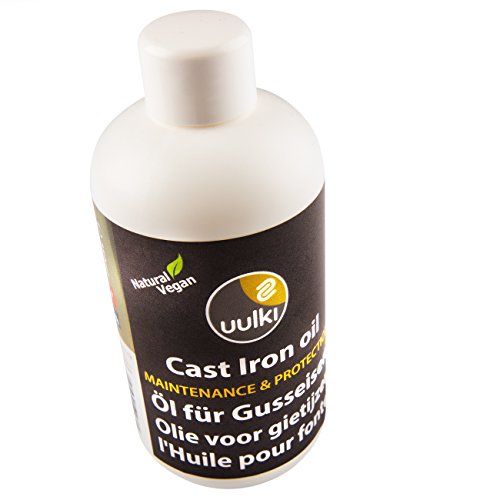 Uulki Aceite y Acondicionador para Hierro Fundido - para Mantenimiento de Sartenes, Ollas, Parrillas, hornos holandeses de Hierro Fundido - Prevención de la Roya - 100% Vegetales/Veganos (250ml)