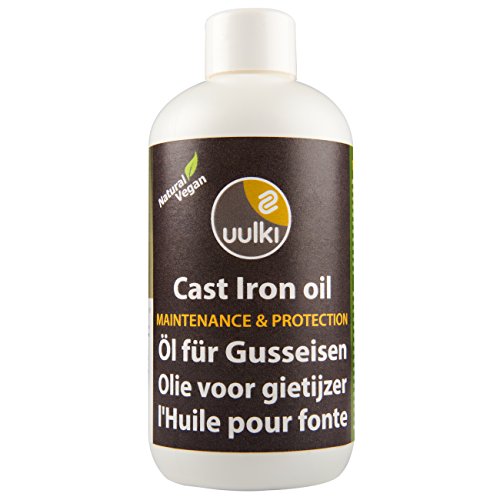 Uulki Aceite y Acondicionador para Hierro Fundido - para Mantenimiento de Sartenes, Ollas, Parrillas, hornos holandeses de Hierro Fundido - Prevención de la Roya - 100% Vegetales/Veganos (250ml)