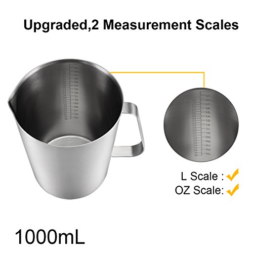 uxcell - Vaso medidor, 2000 ml, 2 escalas de medición, incluida la escala ML, escala de onza, vaso graduado de acero inoxidable 304 con mango para líquidos de cocina de laboratorio