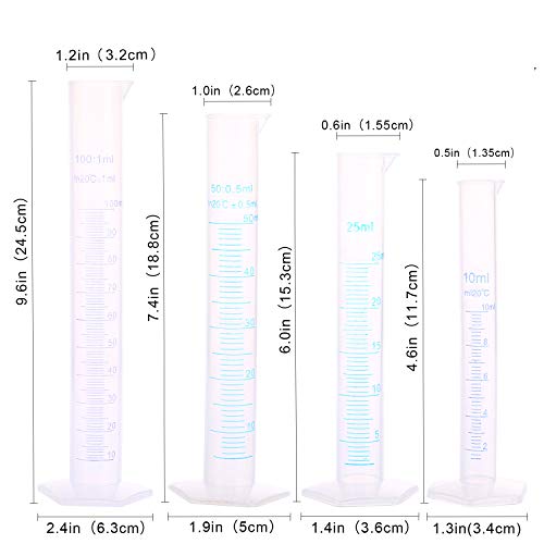 VABNEER Cilindro de Medición Cilindro Graduado de doble Lado Cilindro de Medición de Líquido Plástico Para Herramientas de Laboratorio de Tubos de Ensayo 10ml 25ml 50ml 100ml 4 Piezas