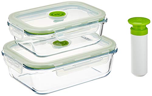 Vacuumsaver BROS2 Set de Tuppers al Vacío Rectangulares, Madreperla, Trasparente y Verde, 640 ml/1,040 l