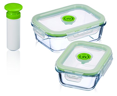 Vacuumsaver Set de Tuppers al Vacío Rectangulares, Transparente y Verde, 2 Unidades