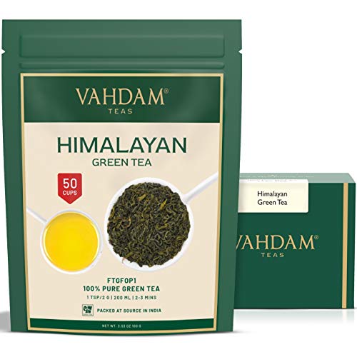 VAHDAM, Hojas de Té Verde del Himalaya (50 Tazas) | 100% NATURAL Y ORGÁNICO | POTENTES ANTIOXIDANTES | Sirve de TÉ FRÍO o Infusión Caliente | Té Kombucha | Té Verde Puro a Granel, 100g