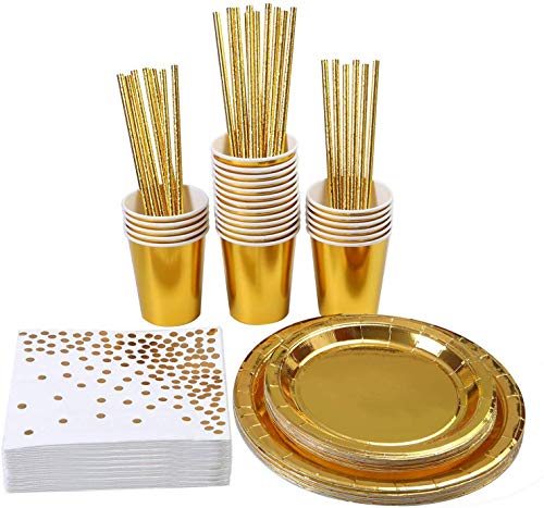 VAINECHAY 146pcs Vajilla Desechable Cumpleaños Adulto Platos Desechables Fiesta Infantil Vasos de Papel Servilletas Pajitas para Navidad Boda Baby Shower Aniversario Oro 24 invitados