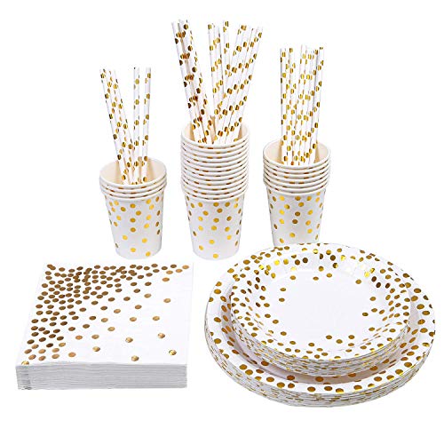 VAINECHAY 146pcs Vajilla Desechable Cumpleaños Adulto Platos Desechables Fiesta Infantil Vasos de Papel Servilletas Pajitas para Navidad Boda Baby Shower Aniversario Oro 24 invitados