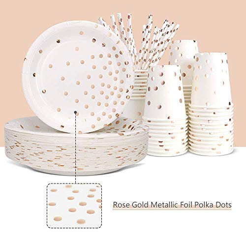 VAINECHAY 146pcs Vajilla Desechable Cumpleaños Adulto Platos Desechables Fiesta Infantil Vasos de Papel Servilletas Pajitas para Navidad Boda Baby Shower Aniversario Oro Rosa 24 invitados