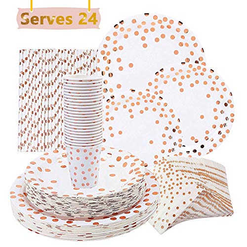 VAINECHAY 146pcs Vajilla Desechable Cumpleaños Adulto Platos Desechables Fiesta Infantil Vasos de Papel Servilletas Pajitas para Navidad Boda Baby Shower Aniversario Oro Rosa 24 invitados