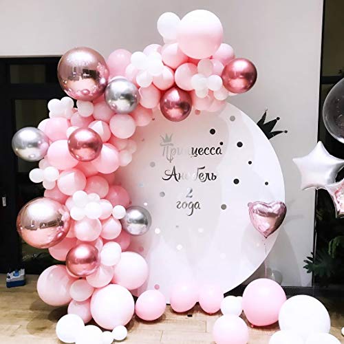 VAINECHAY Kit de Guirnalda de Globos Guirnalda de Arco de Látex Globos Confeti Blanco y Rosado Lleno Paquete de Globos para Decoración de Boda Cumpleaños Fiesta