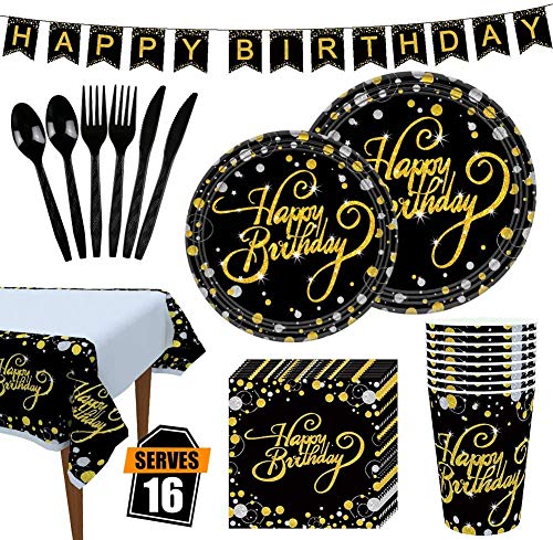 VAINECHAY Vajilla Cumpleaños Fiesta Oro Negro,Vajilla Desechable Platos Vasos Tenedores Cucharas Cuchillos Mantel y Servilletas,Vajilla Desechable para Fiestas feliz cumpleaños (16 Invitados)