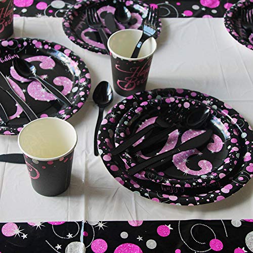 VAINECHAY Vajilla Cumpleaños Fiesta Rosado Negro,Vajilla Desechable Platos Vasos Tenedores Cucharas Cuchillos Mantel y Servilletas,Vajilla Desechable para Fiestas feliz cumpleaños (16 Invitados)