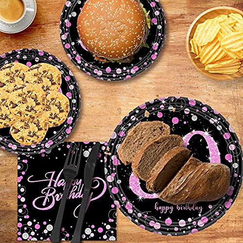 VAINECHAY Vajilla Cumpleaños Fiesta Rosado Negro,Vajilla Desechable Platos Vasos Tenedores Cucharas Cuchillos Mantel y Servilletas,Vajilla Desechable para Fiestas feliz cumpleaños (16 Invitados)