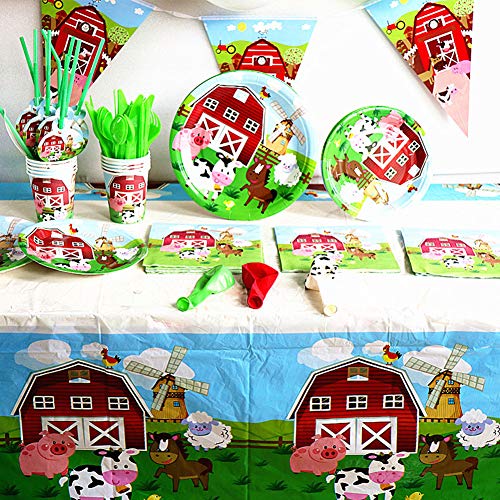 Vajilla De Fiesta De Granja, Vajilla Fiesta Infantil De Cumpleaños Vajilla De Papel De Cumpleaños Desechable Animal Party Vajilla Kit Globos Manteles Platos Servilletas Tazas Sirve 10 Invitados