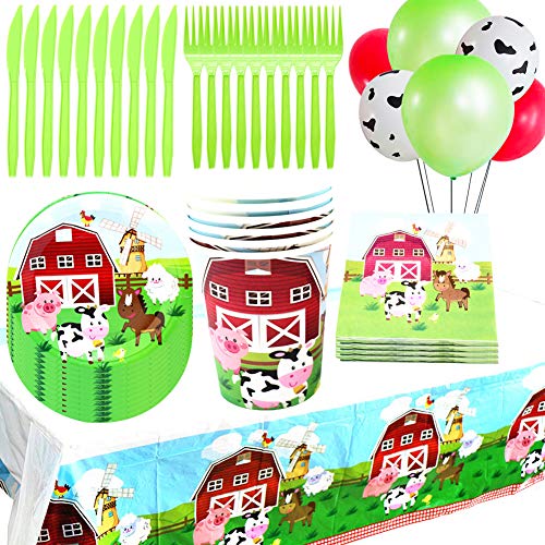 Vajilla De Fiesta De Granja, Vajilla Fiesta Infantil De Cumpleaños Vajilla De Papel De Cumpleaños Desechable Animal Party Vajilla Kit Globos Manteles Platos Servilletas Tazas Sirve 10 Invitados