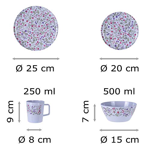 Vajilla de melamina para 4 personas, 16 piezas, diseño de flores, estilo clásico