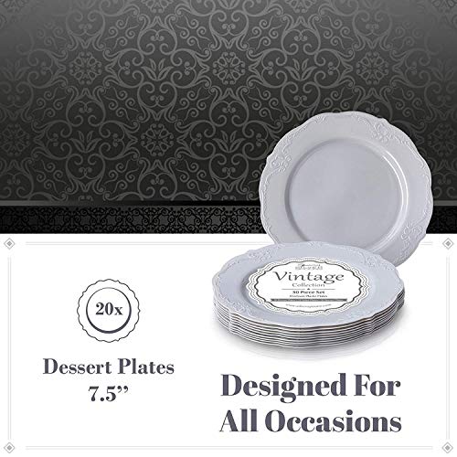 VAJILLA PARA FIESTAS DESECHABLE DE 20 PIEZAS | 20 platos para postre | Platos de plástico resistente | Elegante aspecto de porcelana fina | Para bodas y comidas de lujo (Vintage - Gris | 19 cm)