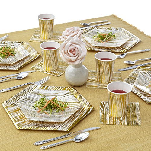 VAJILLA PARA FIESTAS DESECHABLE DE 36 PIEZAS | 18 platos grandes | 18 platos auxiliares | Platos de cartón resistente | Diseño hexagonal | Para bodas y comidas de lujo (Wood Collection – Blanco/Oro)