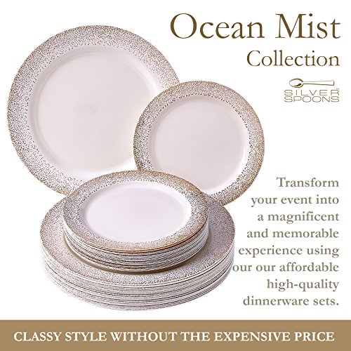 VAJILLA PARA FIESTAS DESECHABLE DE 40 PIEZAS | 20 platos grandes | 20 platos para ensalada/postre | Platos de plástico resistente | Para bodas y comidas de lujo (Ocean Mist Collection – Marfil/Oro)