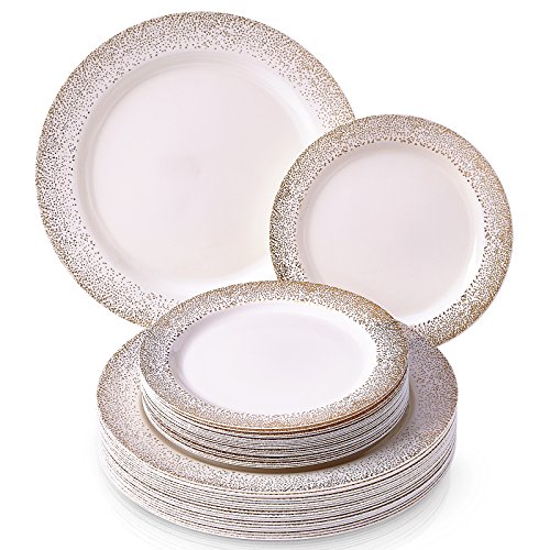 VAJILLA PARA FIESTAS DESECHABLE DE 40 PIEZAS | 20 platos grandes | 20 platos para ensalada/postre | Platos de plástico resistente | Para bodas y comidas de lujo (Ocean Mist Collection – Marfil/Oro)