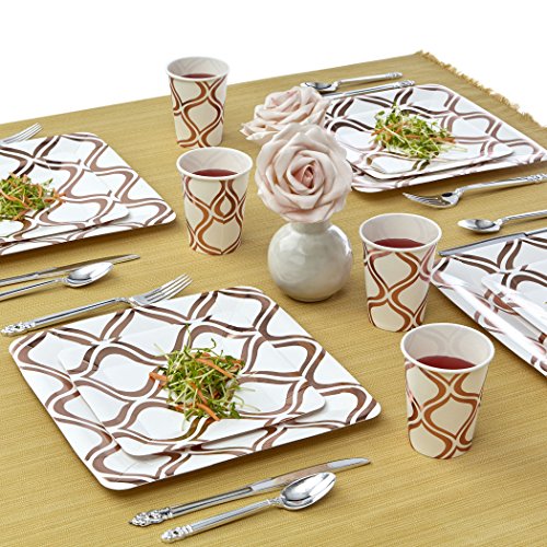 VAJILLA PARA FIESTAS DESECHABLE DE 432 PIEZAS | 216 platos grandes | 216 platos para ensalada/postre | Para bodas y comidas de lujo | Cuadrados de color rosado metalizado - Moroccan Collection