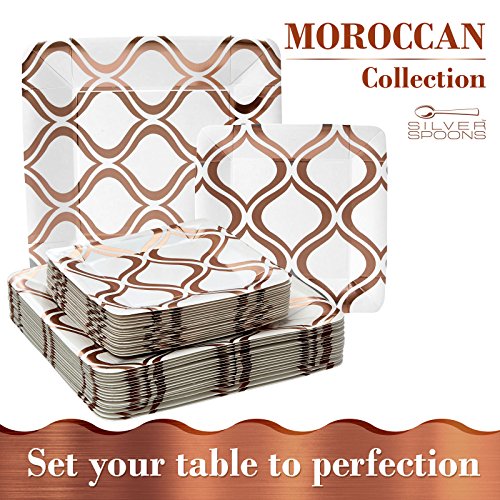 VAJILLA PARA FIESTAS DESECHABLE DE 432 PIEZAS | 216 platos grandes | 216 platos para ensalada/postre | Para bodas y comidas de lujo | Cuadrados de color rosado metalizado - Moroccan Collection