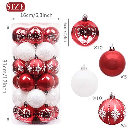 Valery Madelyn 30Pcs Bolas de Navidad de 6cm, Adornos de Navidad para Arbol, Decoración de Bolas Navideños Inastillable Plástico de Rojo y Blanco, Regalos de Colgantes de Navidad (Tradicional)