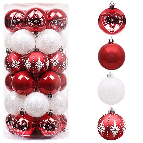 Valery Madelyn 30Pcs Bolas de Navidad de 6cm, Adornos de Navidad para Arbol, Decoración de Bolas Navideños Inastillable Plástico de Rojo y Blanco, Regalos de Colgantes de Navidad (Tradicional)