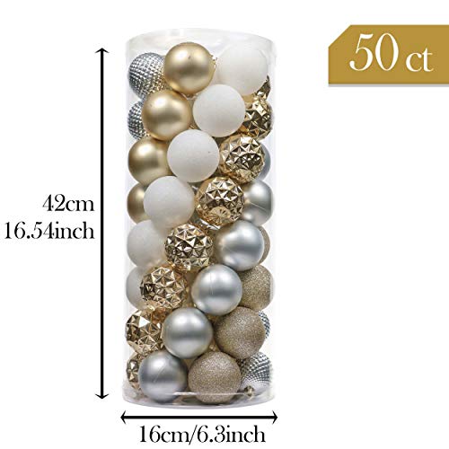 Valery Madelyn 50Pcs Bolas de Navidad de 5cm, Adornos de Navidad para Arbol, Decoración Navideños Plástico Blanco y Dorado, Regalos de Colgantes de Navidad (Elegante)