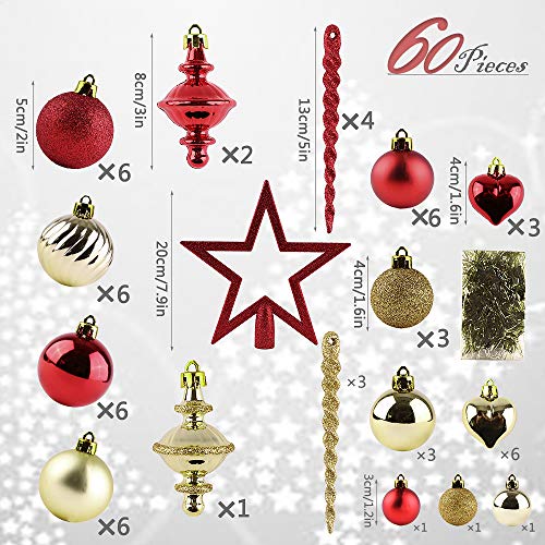 Valery Madelyn 60Pcs Bolas de Navidad Set, Adornos de Navidad para Arbol, Decoración de Bolas Navideños Rojo Oro, Regalos de Colgantes de Navidad