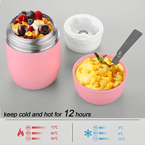 ValueTalks Termo para Alimentos 450ml Tarro de Comida Acero Inoxidable Aislado al Vacío Frasco con una Cuchara Plegable para Adultos Niños y Bebés(Rosa)