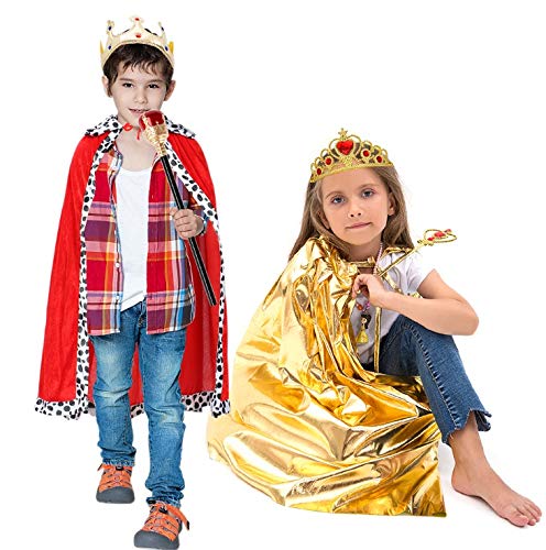 vamei Disfraz de Reina Cape Disfraz de Rey Capa de Rey Cetro Corona Disfraces de Halloween para niños Cosplay Capa Roja 3-9 años