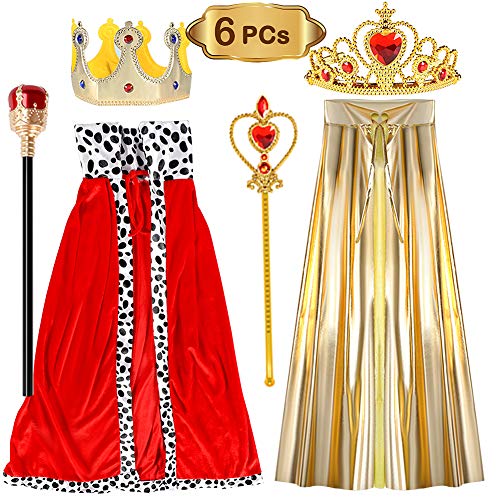 vamei Disfraz de Reina Cape Disfraz de Rey Capa de Rey Cetro Corona Disfraces de Halloween para niños Cosplay Capa Roja 3-9 años