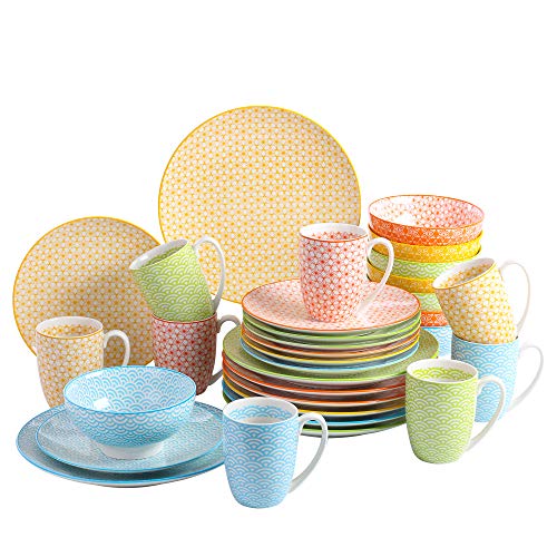 vancasso Natsuki, Combinación Vajilla de Porcelana 32 Piezas Juego de Vajillas Estilo Japonés,con 8 Tazas de Café, Tazon de Cereal, Platos de Postre y Platos de Cena para 8 Personas Redondo