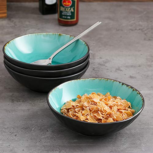 vancasso Serie Aqua, Juego de Cuencos 4 PCS para Servir Desayuno, Tazón de Cereal, Tazón de Ramen, Ensalada, Sopa,550ML Gres Vajillas Esmaltadas Irregular Azul