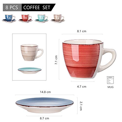 vancasso Serie Bella Juego de Café 8pcs, con 4 Tazas de Cafe 200ml y 4 Platillos, Vajillas de Gres Esmaltada, Servicio para Cafe, Té de la Tarde, Leche, para 4 Personas