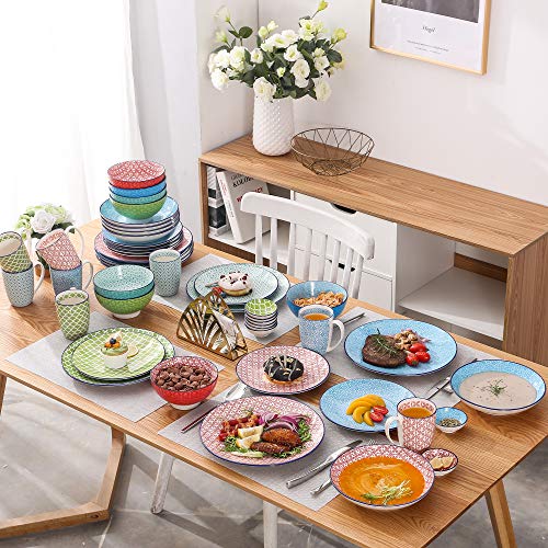 vancasso Serie Macaron Vajillas 48 Piezas Vajillas Porcelana Colores 4 Diseños de Patrones Estilo Diferentes Japonés, Vajillas Completas Redonda, Servicio de Mesa para 8 Personas