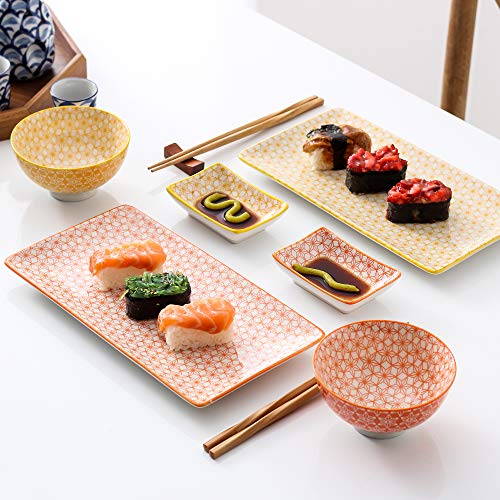 vancasso Serie Natsuki Vajillas de Sushi Japonés 8 Piezas, 2 Platos para Sushi, 2 Cuencos, 2 pequeños Platos de Salsas, 2 Pares de Palillos Madera, con Caja de Regalo, Set de Sushi