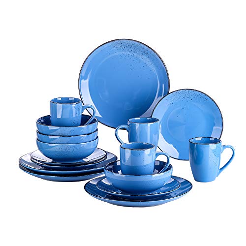 vancasso Serie Navia Oceano Vajillas de 16 pcs, Juego de Vajillas, Platos de Cena, Postre, Cuencos y Tazas, Esmaltada Gres Azul Oscuro Vajillas Retro para 4 Personas