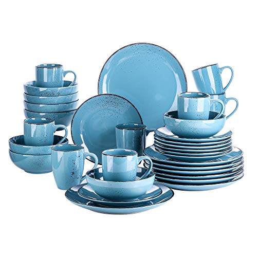 vancasso Serie Navia Oceano Vajillas de 32 pcs, Juego de Vajillas, Platos de Cena, Postre, Cuencos y Tazas, Esmaltada Gres Vajillas Retro para 8 Personas Azul Marino