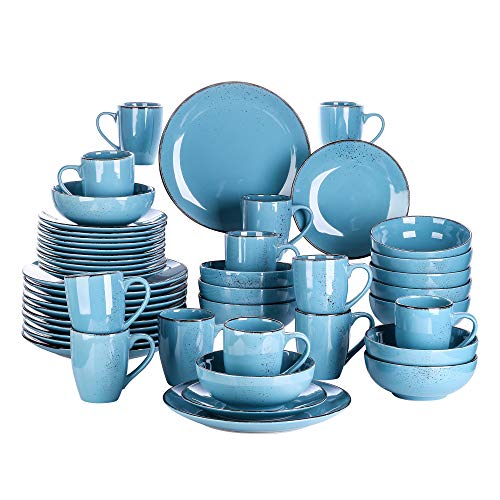 vancasso Serie Navia Oceano Vajillas de 48 pcs, Juego de Vajillas, Platos de Cena, Postre, Cuencos y Tazas, Esmaltada Gres Vajillas Retro para 12 Personas Azul Marino