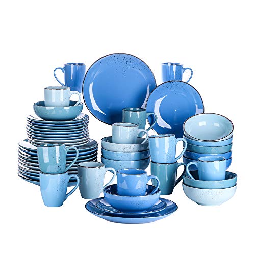 vancasso Serie Navia Oceano Vajillas de 48 pcs, Juego de Vajillas, Platos de Cena, Postre, Cuencos y Tazas, Esmaltada Gres Vajillas Retro para 12 Personas Azul Mix