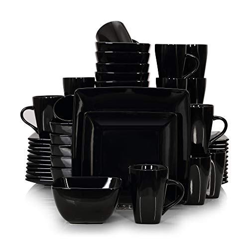 vancasso Serie Soho Vajillas de Porcelana 48 pcs Completas Modernas para 12 Personas, con Platos Llanos, Platos Postre, Cuencos y Tazas, Cuadrado, Negro