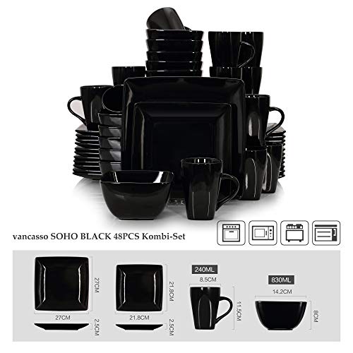 vancasso Serie Soho Vajillas de Porcelana 48 pcs Completas Modernas para 12 Personas, con Platos Llanos, Platos Postre, Cuencos y Tazas, Cuadrado, Negro