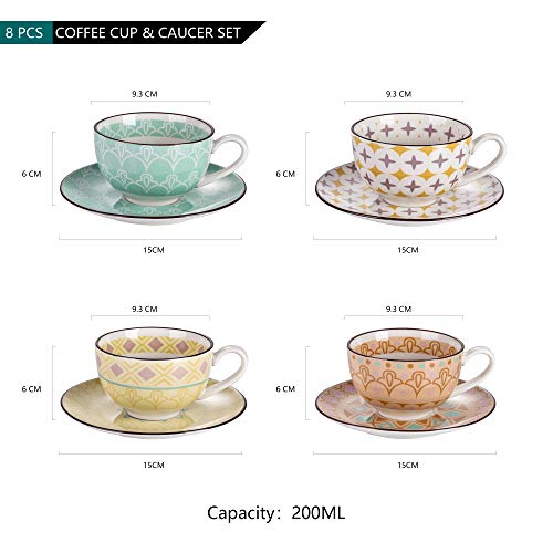 vancasso Tulip Juego de Café de Porcelana, con 4 Tazas de Cafe 200ml y 4 Platillos, (8 piezas) para servir Cafe, Té de la tarde, Leche, para 4 Personas