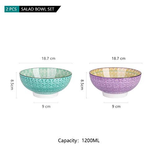 vancasso Tulip Juego de Cuencos 2 piezas Porcelana Tazón Grande 1200ML Mandala, Cuenco para Sopa, Frutas, Ensalada, Ramen Bowl Porcelana Patrón de Grabado Externo, Verde, Morado